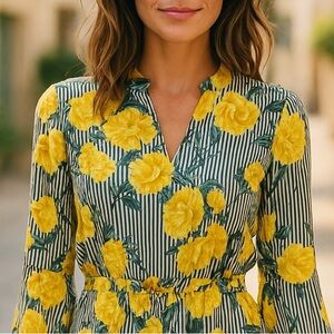 Dress shirt top yellow plaid striped fashion ruffles bell LongSleeve